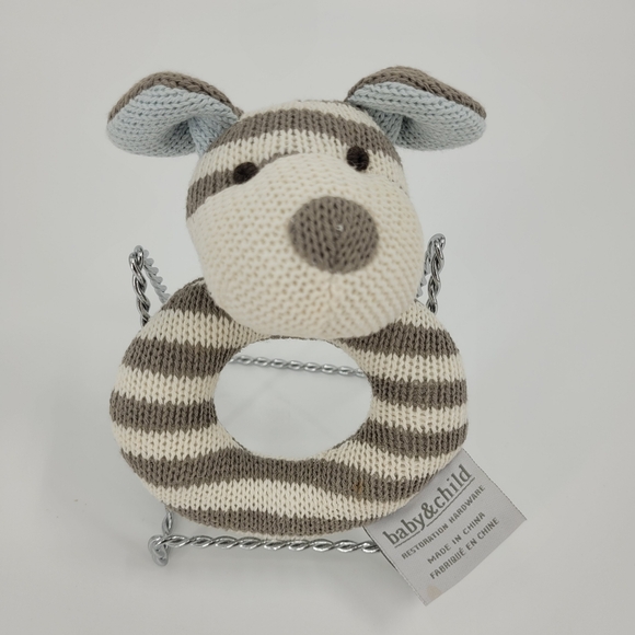 Restoration Hardware Baby Luxe Knit Puppy Dog Rattle Stripe Taupe Blue Off White - Picture 1 of 16